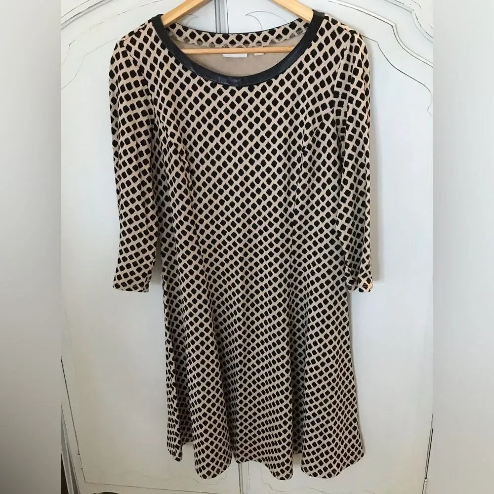 New York & Co Tan and Black Fit and Flare Dress Faux Leather collar Size L